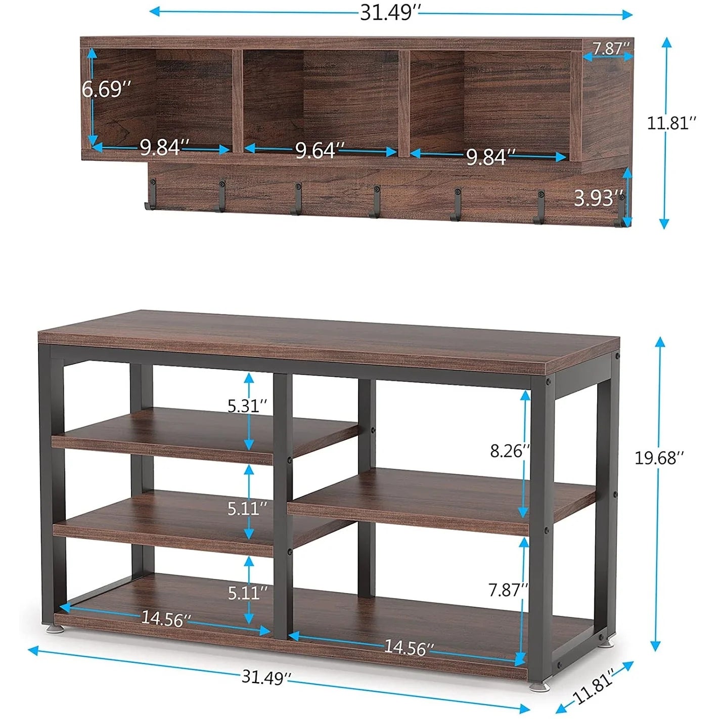Entryway Coat Rack Shoe Bench Set, Industrial Hall Tree Coat Shoe Rack
