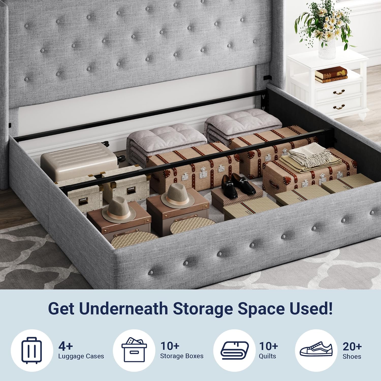 ALLEWIE Queen Size Lift Up Storage Bed with Wingback Headboard