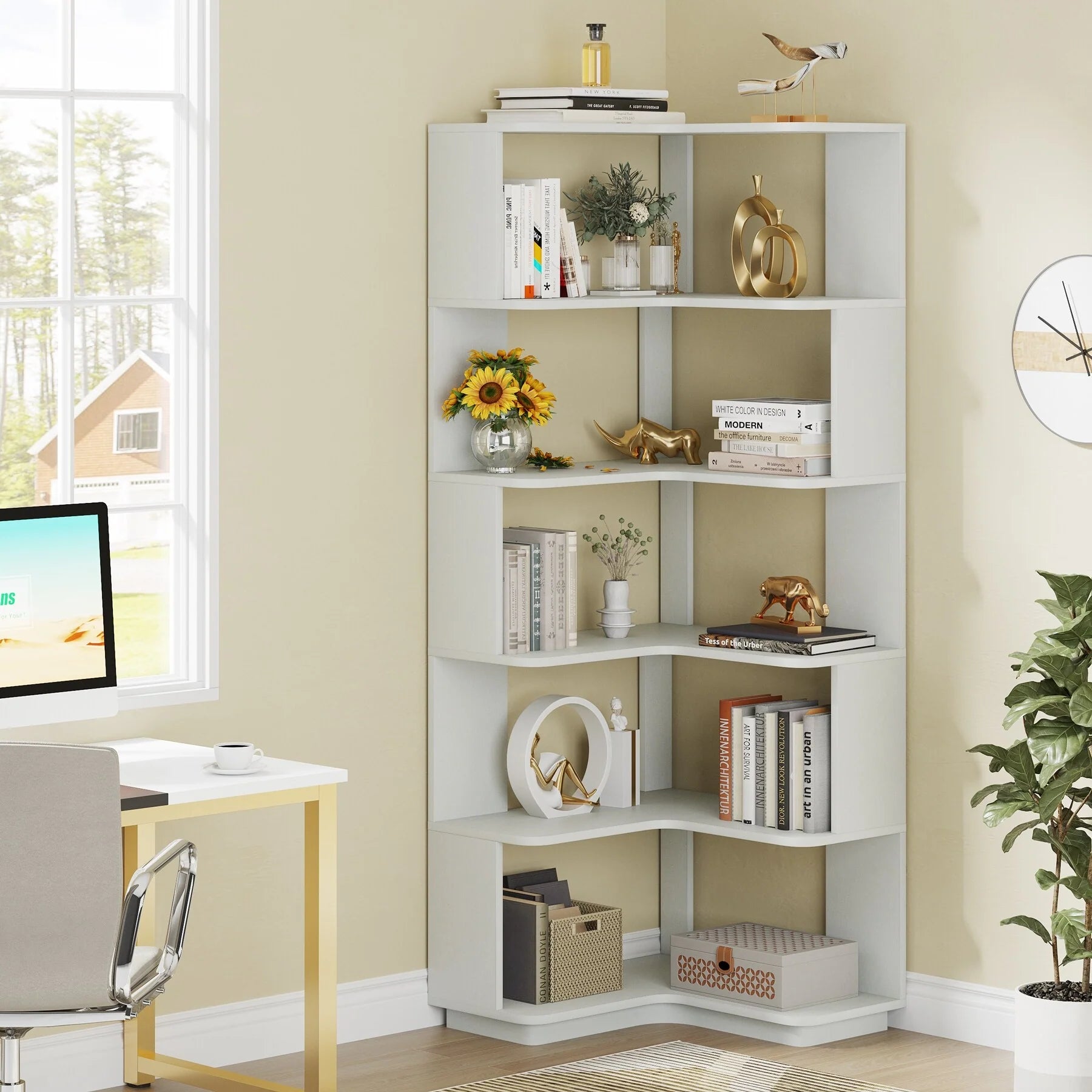 6-Tier Corner Book Shelf, 64.9Tall Freestanding Wood Industrial Bookcase Bookshelf