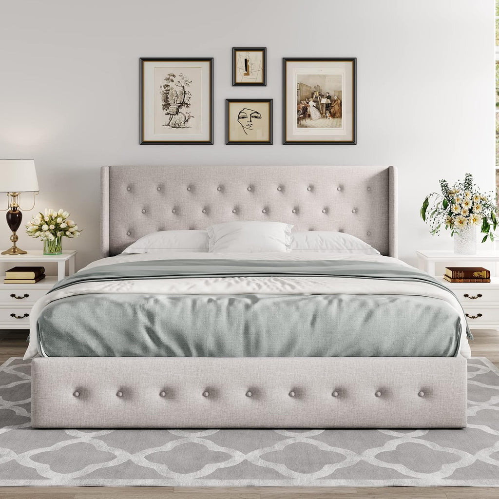 ALLEWIE Queen Size Lift Up Storage Bed with Wingback Headboard