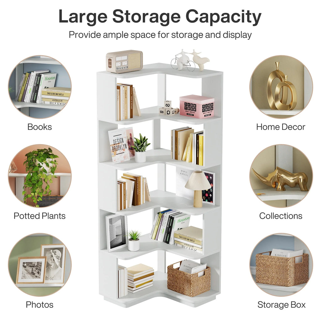 6-Tier Corner Book Shelf, 64.9Tall Freestanding Wood Industrial Bookcase Bookshelf