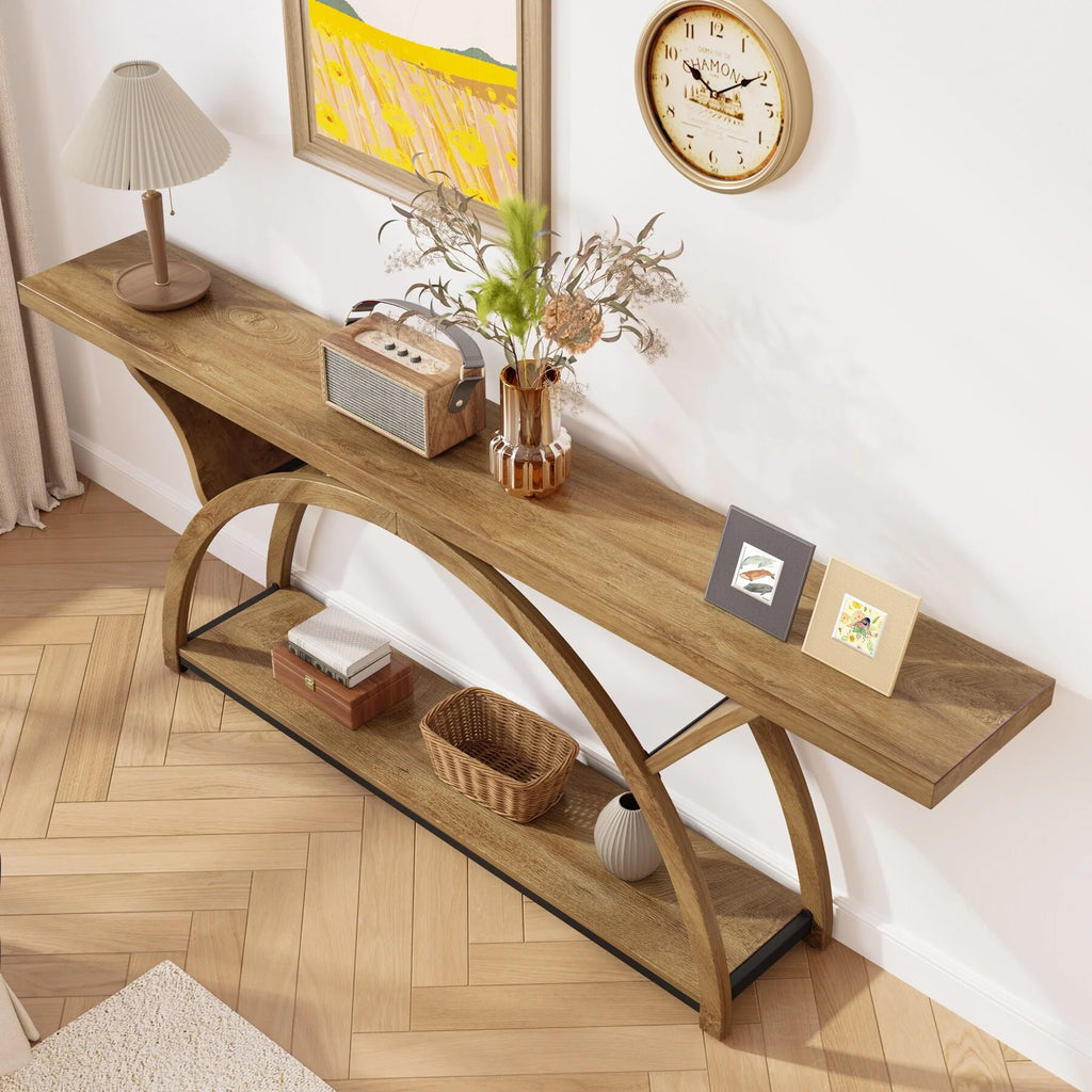 2-Tier Narrow Long Console Sofa Table with Semi-Circular Frame for Entryway,Gray Hallway Accent Tables