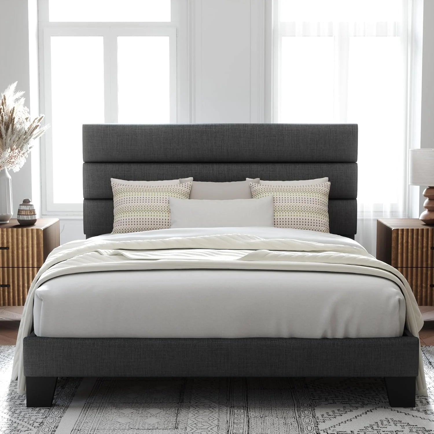ALLEWIE Queen Size Upholstered Platform Bed Frame - Dark Grey