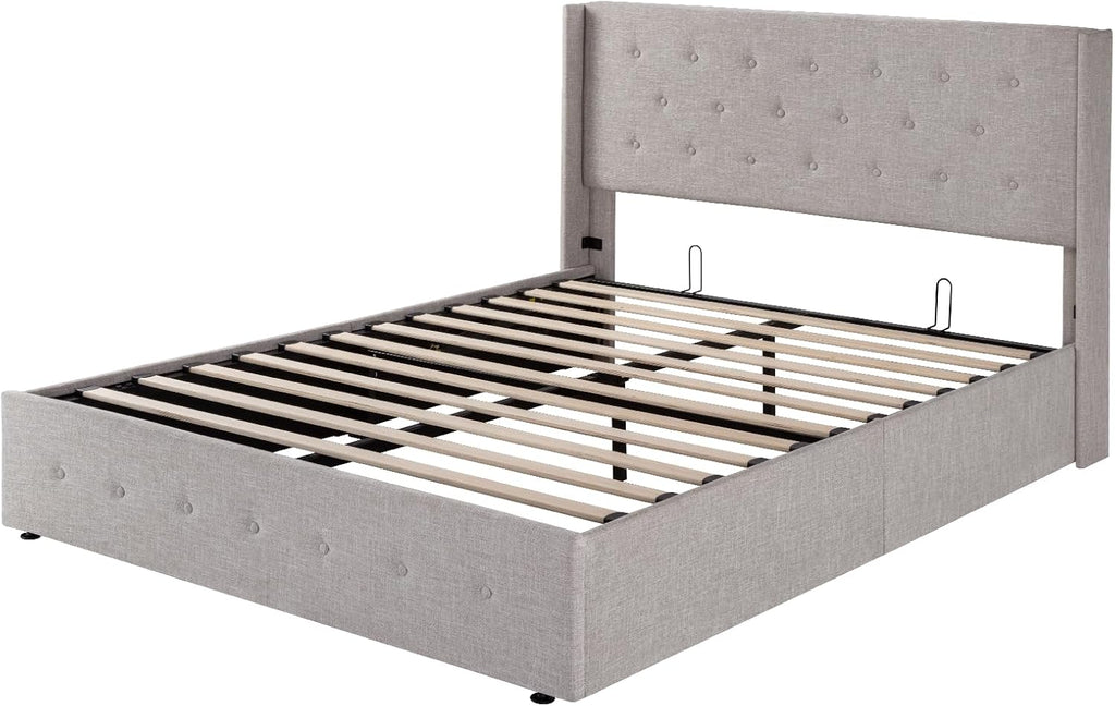 ALLEWIE Queen Size Lift Up Storage Bed with Wingback Headboard