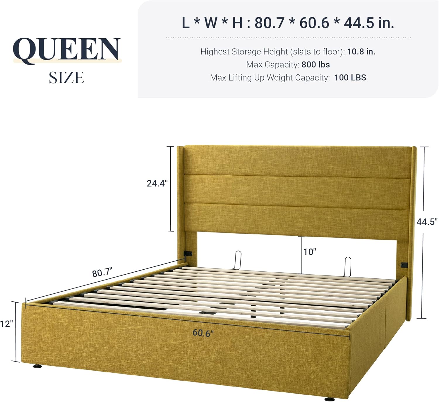 ALLEWIE Queen Size Lift Up Storage Bed with Wingback Headboard