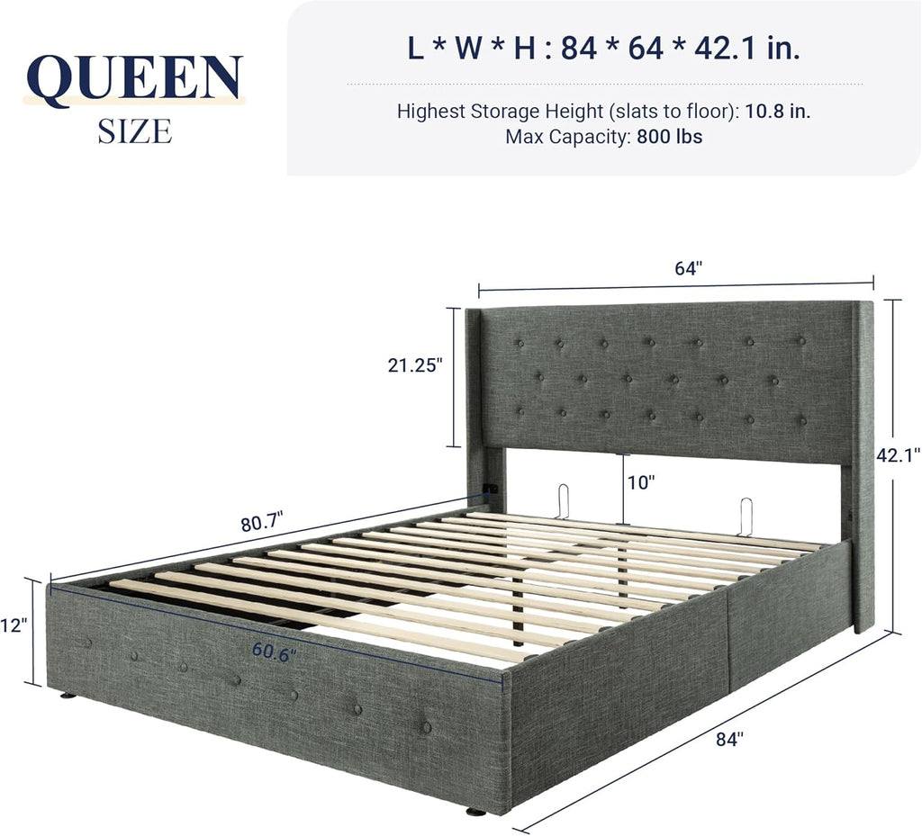 ALLEWIE Queen Size Lift Up Storage Bed with Wingback Headboard
