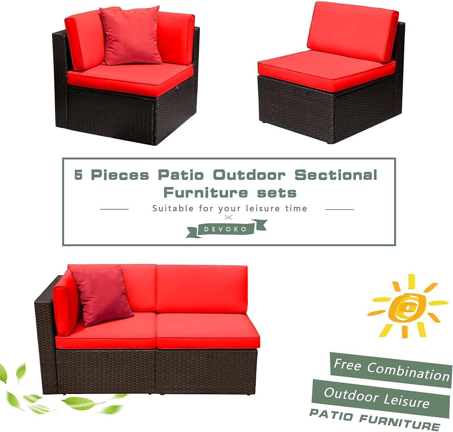 DEVOKO 5 Pieces All-Weather Patio Furniture Set with Cushions