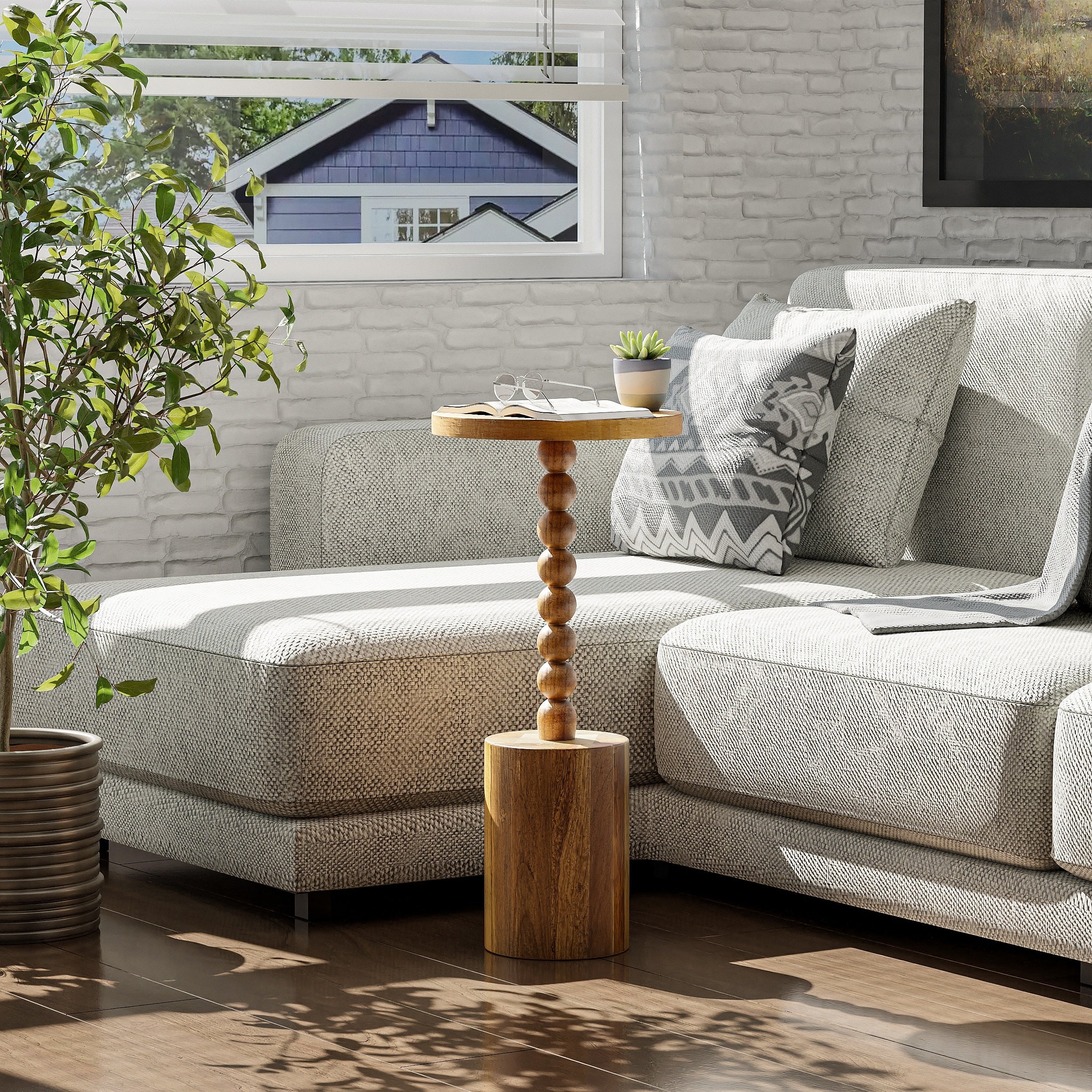 COZAYH Wood Pedestal End table, Modern Drink Table with Base, Round Martini Table for Small Space Living Room, Bedroom