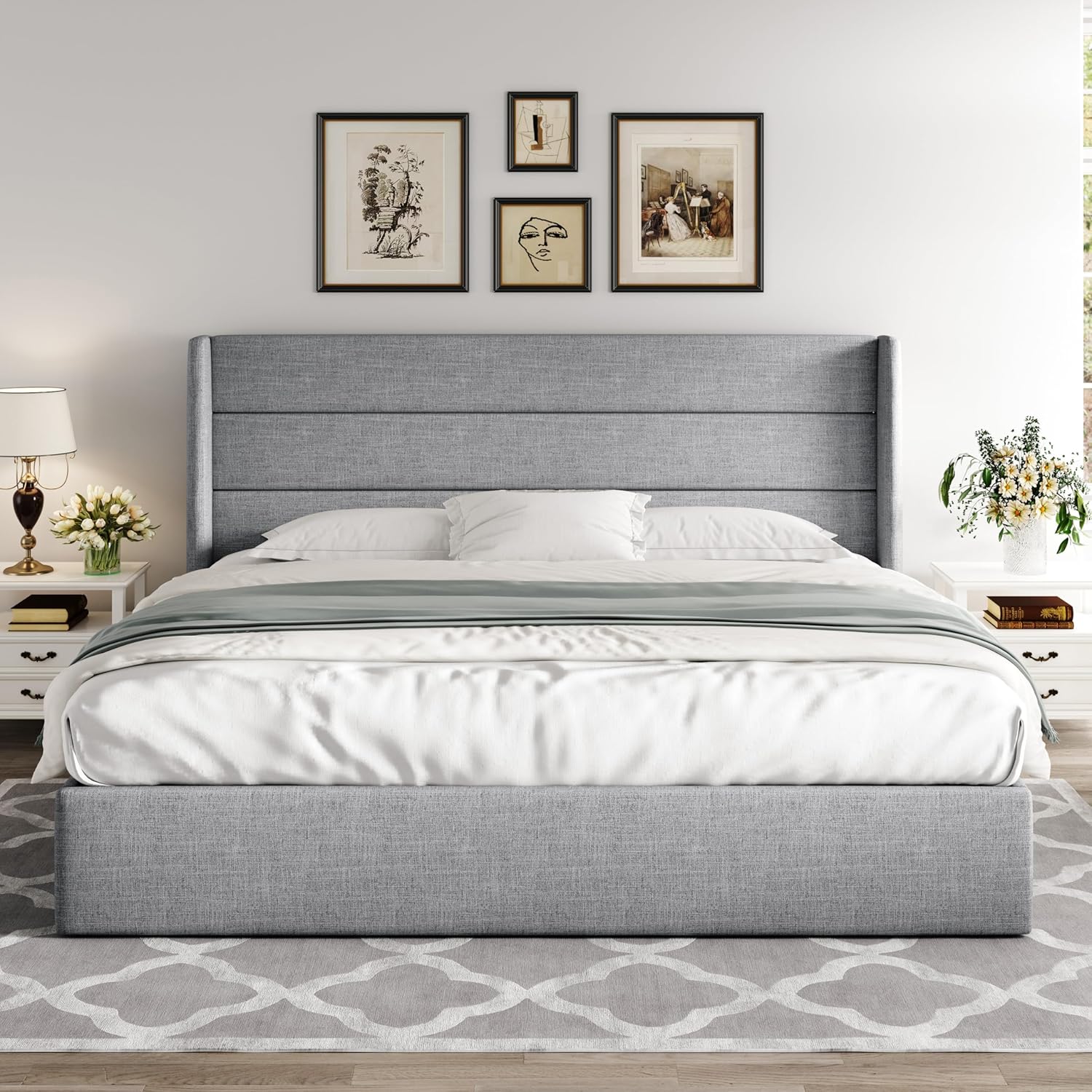 ALLEWIE Queen Size Lift Up Storage Bed with Wingback Headboard