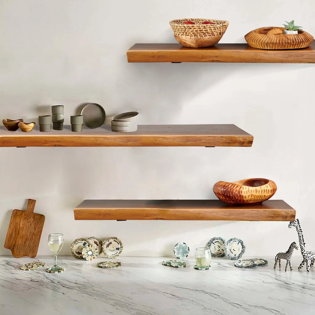 Home Soft Things 1 PieceTeak Shelf With Live Edge Wooden Wall Shelves