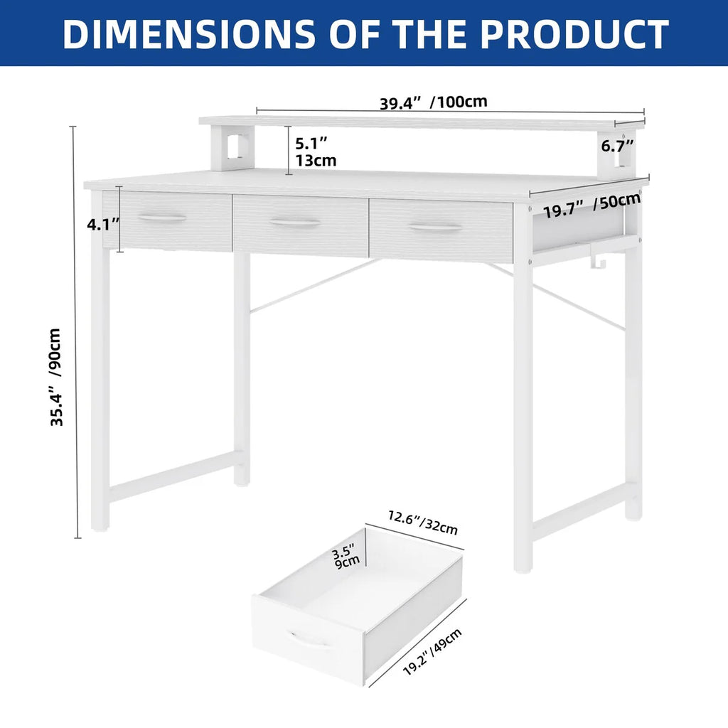 Moasis Small Computer Desk with Fabric Drawers and Monitor Stand