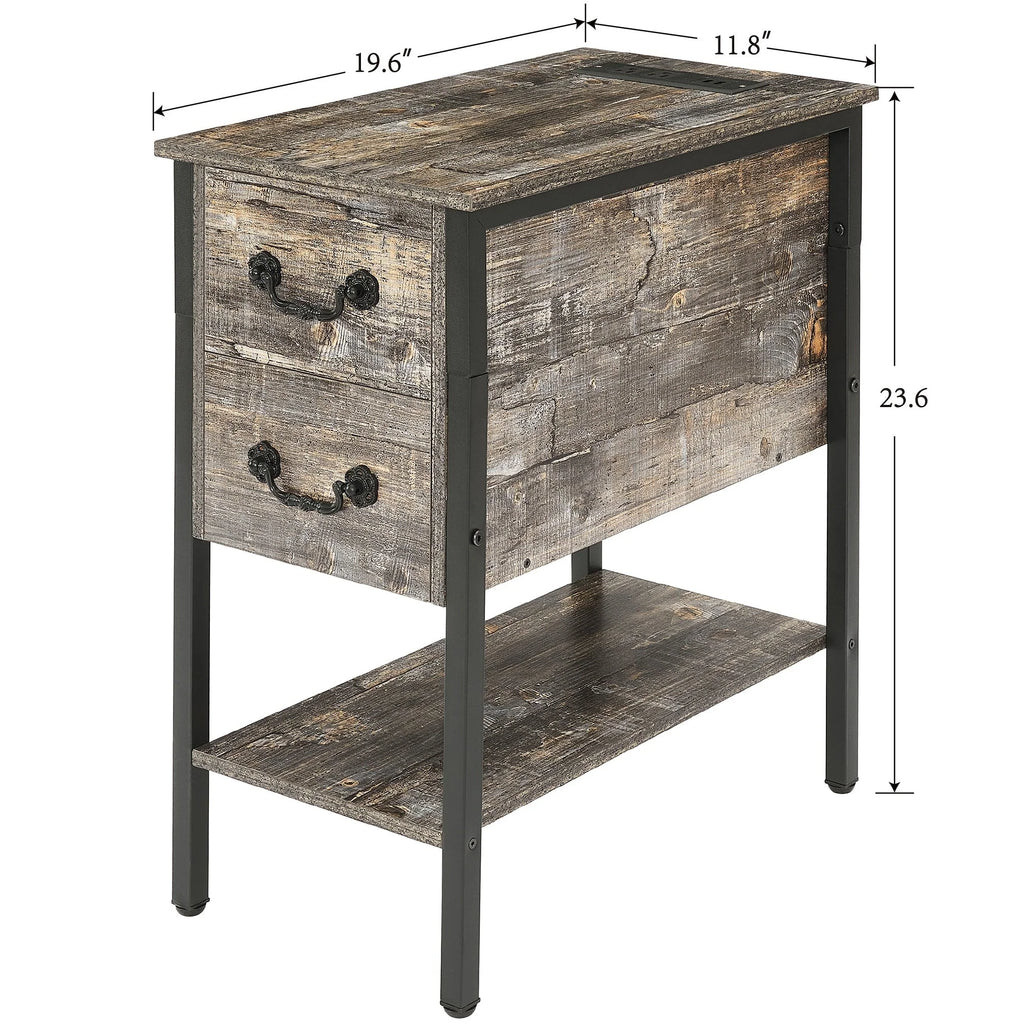 End Table with Charging Station, Narrow Chairside Table with Drawers & USB Ports & Power Outlets, Nightstand for Small Spaces