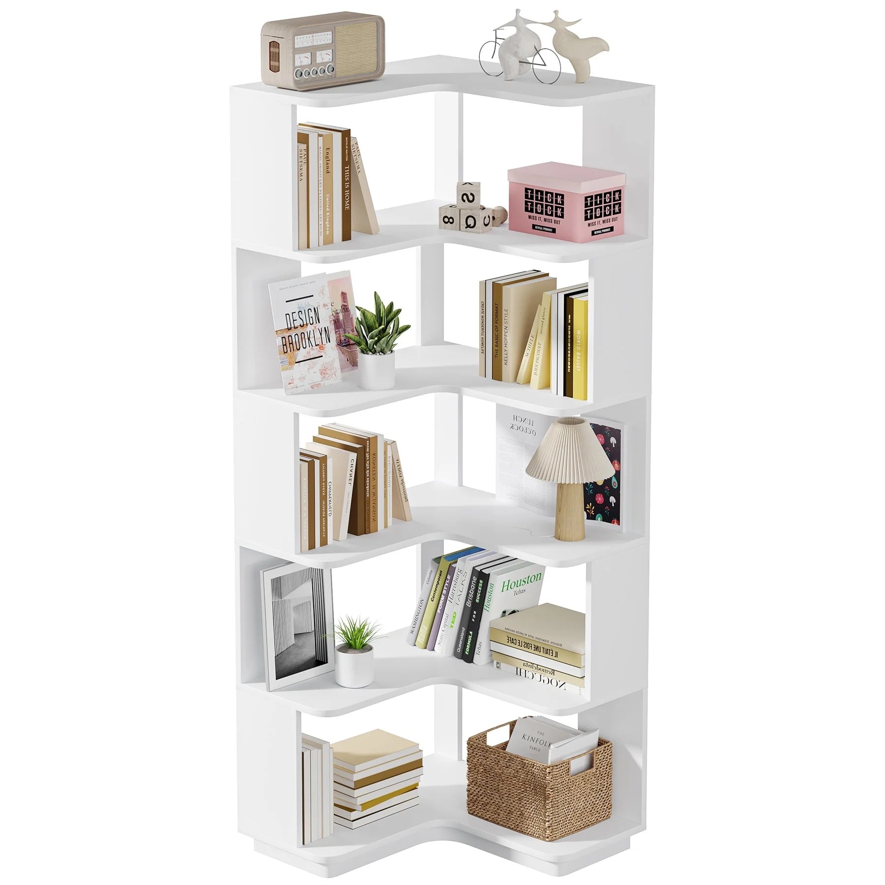 6-Tier Corner Book Shelf, 64.9Tall Freestanding Wood Industrial Bookcase Bookshelf