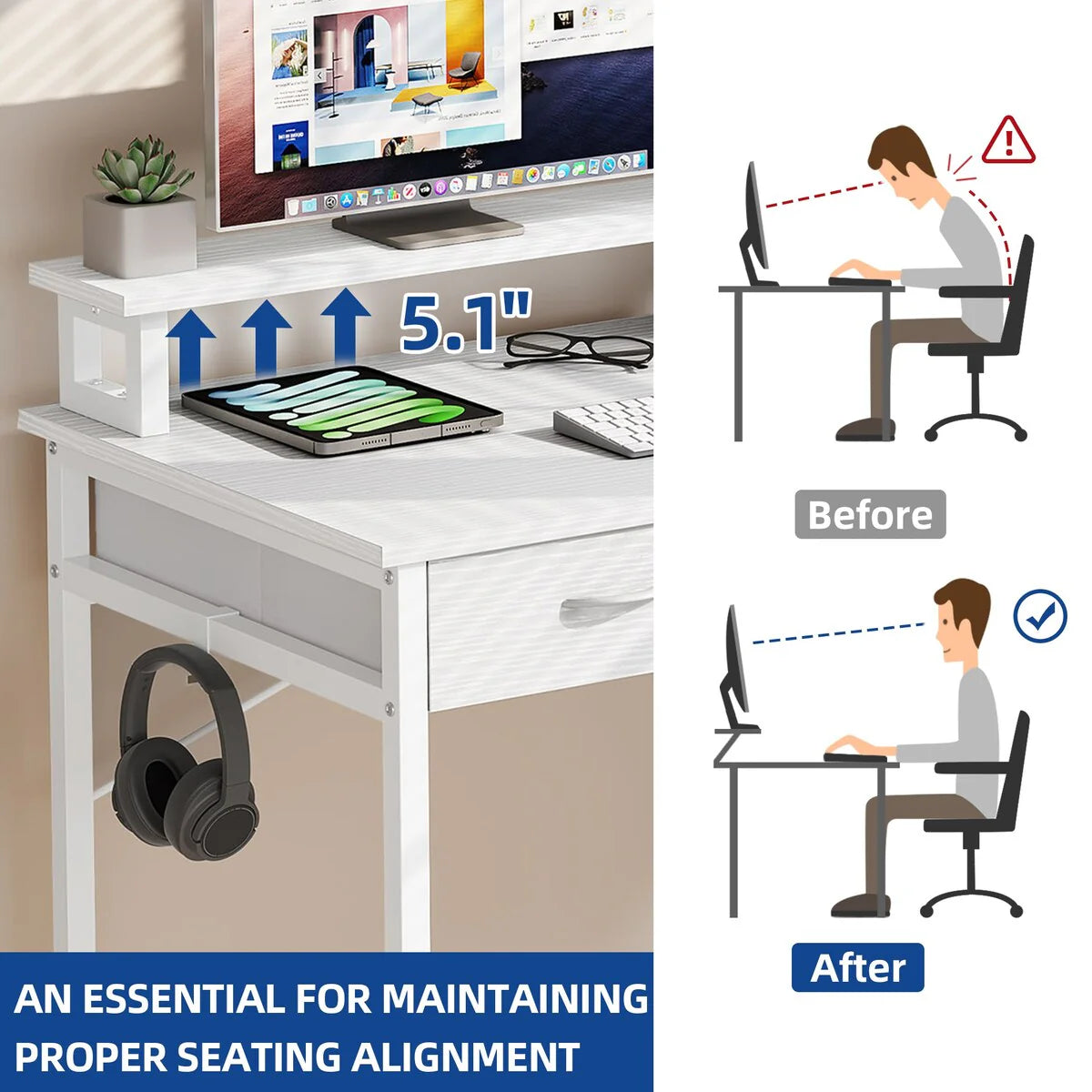 Moasis Small Computer Desk with Fabric Drawers and Monitor Stand