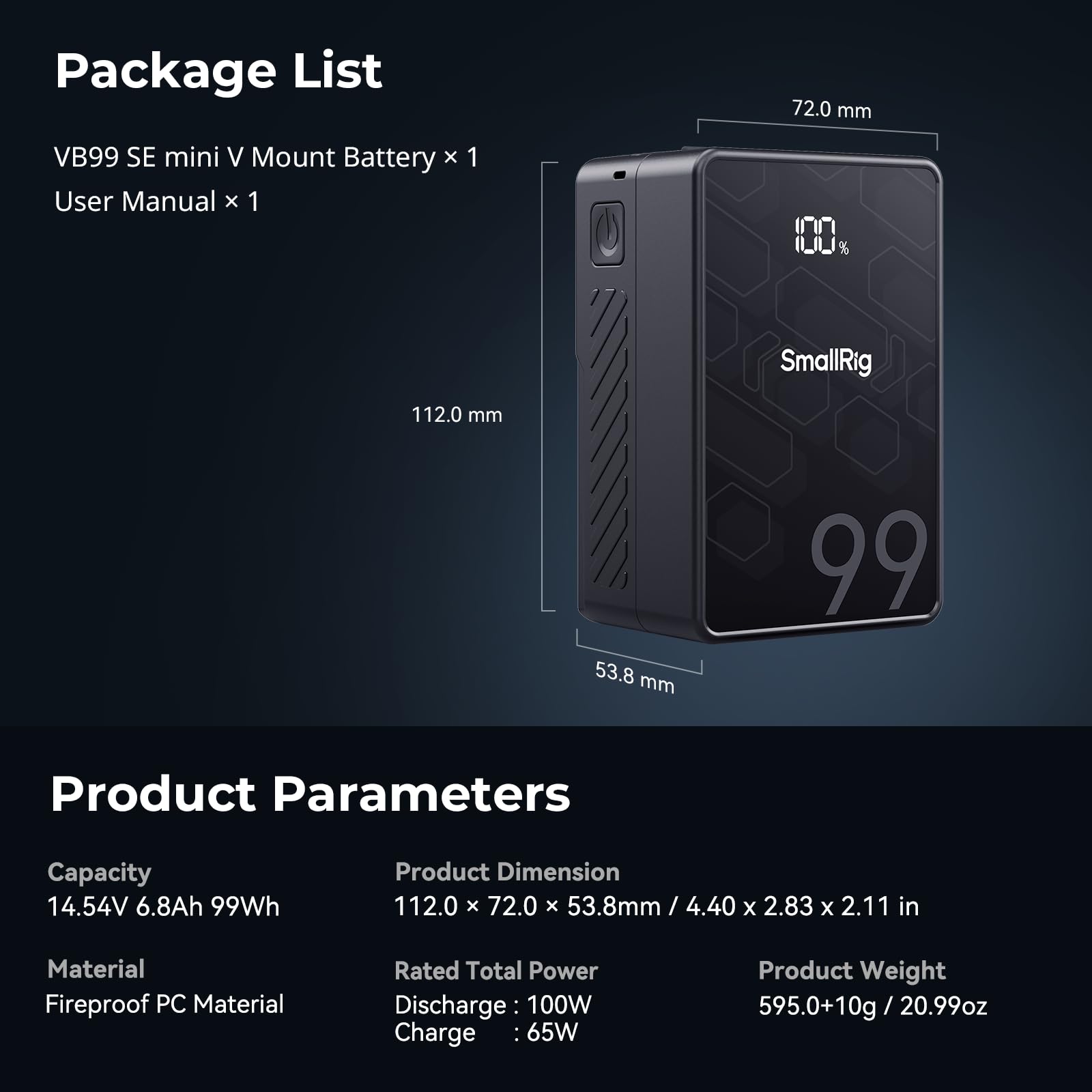 SMALLRIG V Mount Battery VB99 SE, 99Wh / 6800mAh V Mount Battery
