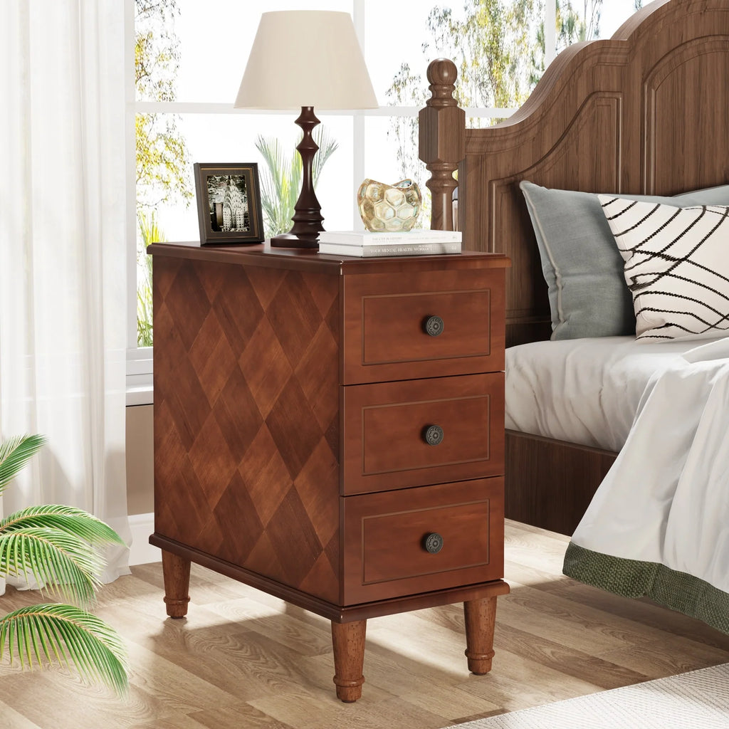 Fully Assembled Narrow End Table, Solid Wood Side Table with 3 Drawers, Vintage Nightstand Slim Bedside Table for Small Spaces