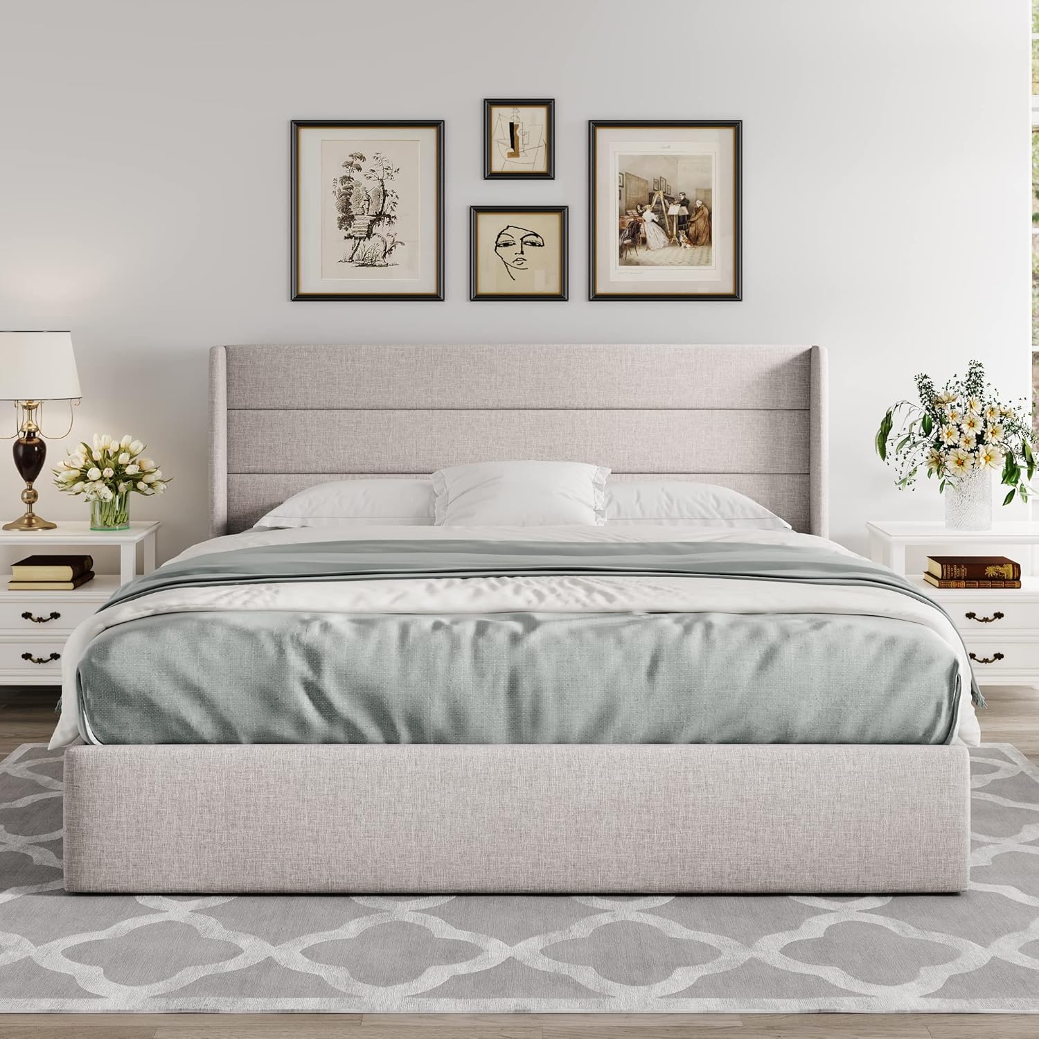 ALLEWIE Queen Size Lift Up Storage Bed with Wingback Headboard