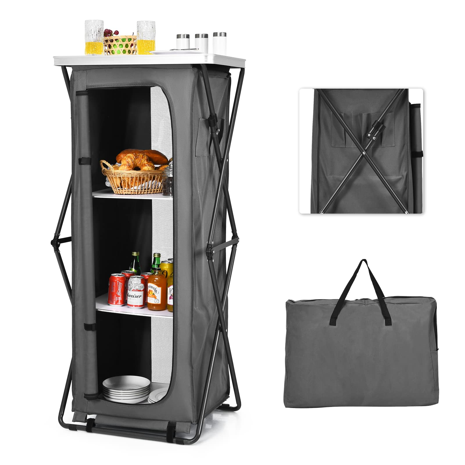 Folding Camping Storage Cabinet, Pop Up Outdoor Camping Kitchen Station with Large 3-Tier Storage Organizer
