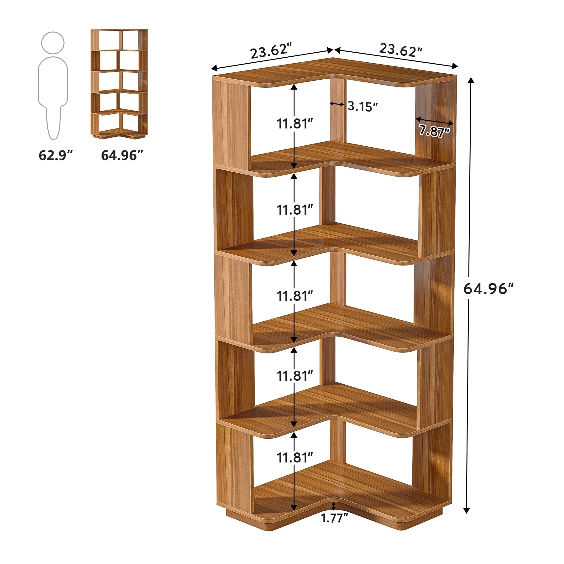 6-Tier Corner Book Shelf, 64.9Tall Freestanding Wood Industrial Bookcase Bookshelf