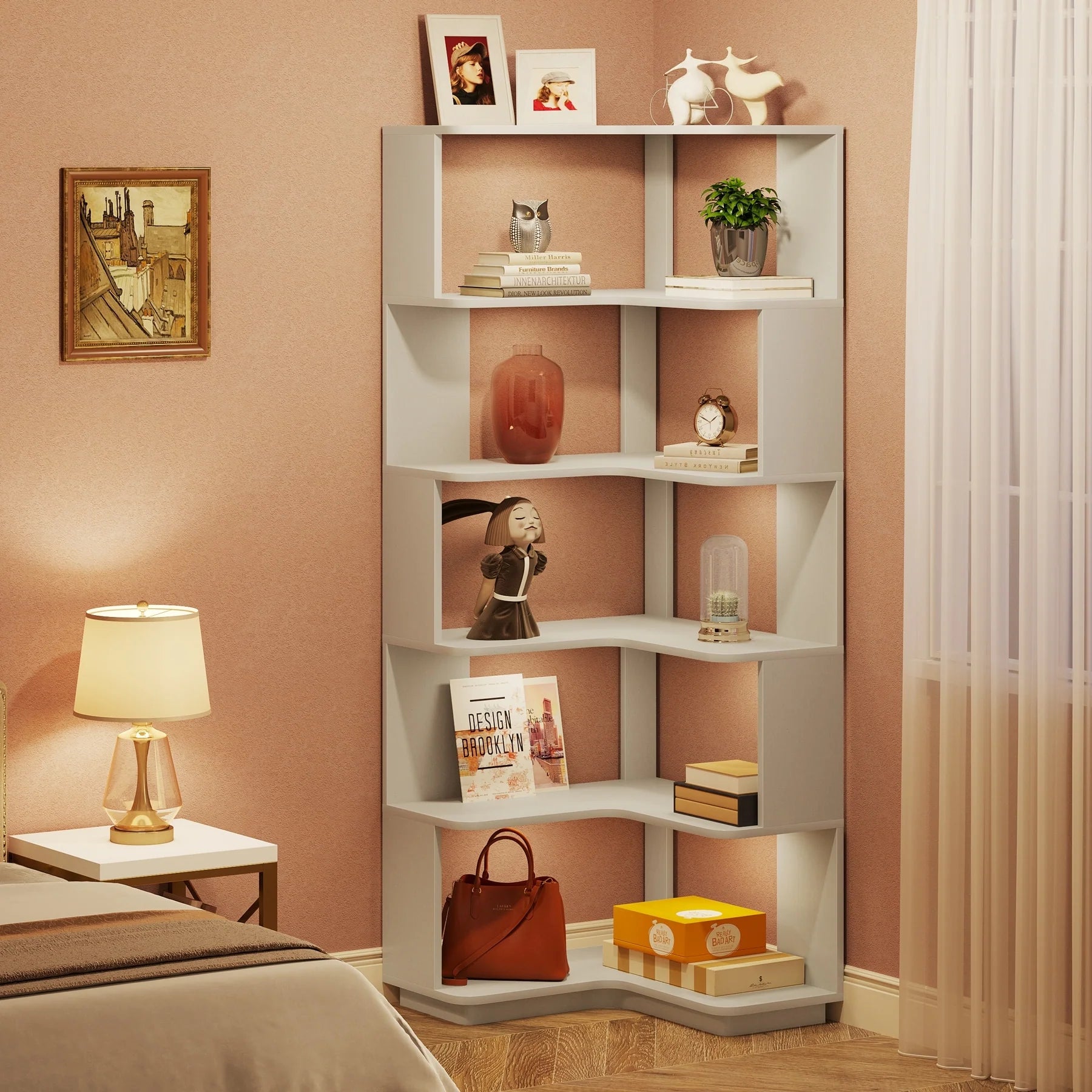 6-Tier Corner Book Shelf, 64.9Tall Freestanding Wood Industrial Bookcase Bookshelf