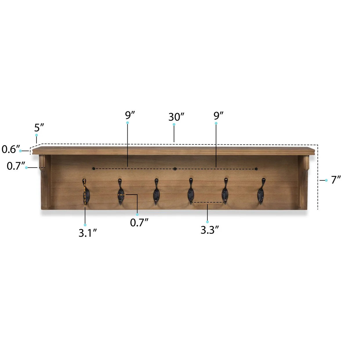 Wallniture Mante Key Holder for Wall, Decorative Mail Holder with Shelf, Large Coat Hooks, Wood Wall Key Hanger