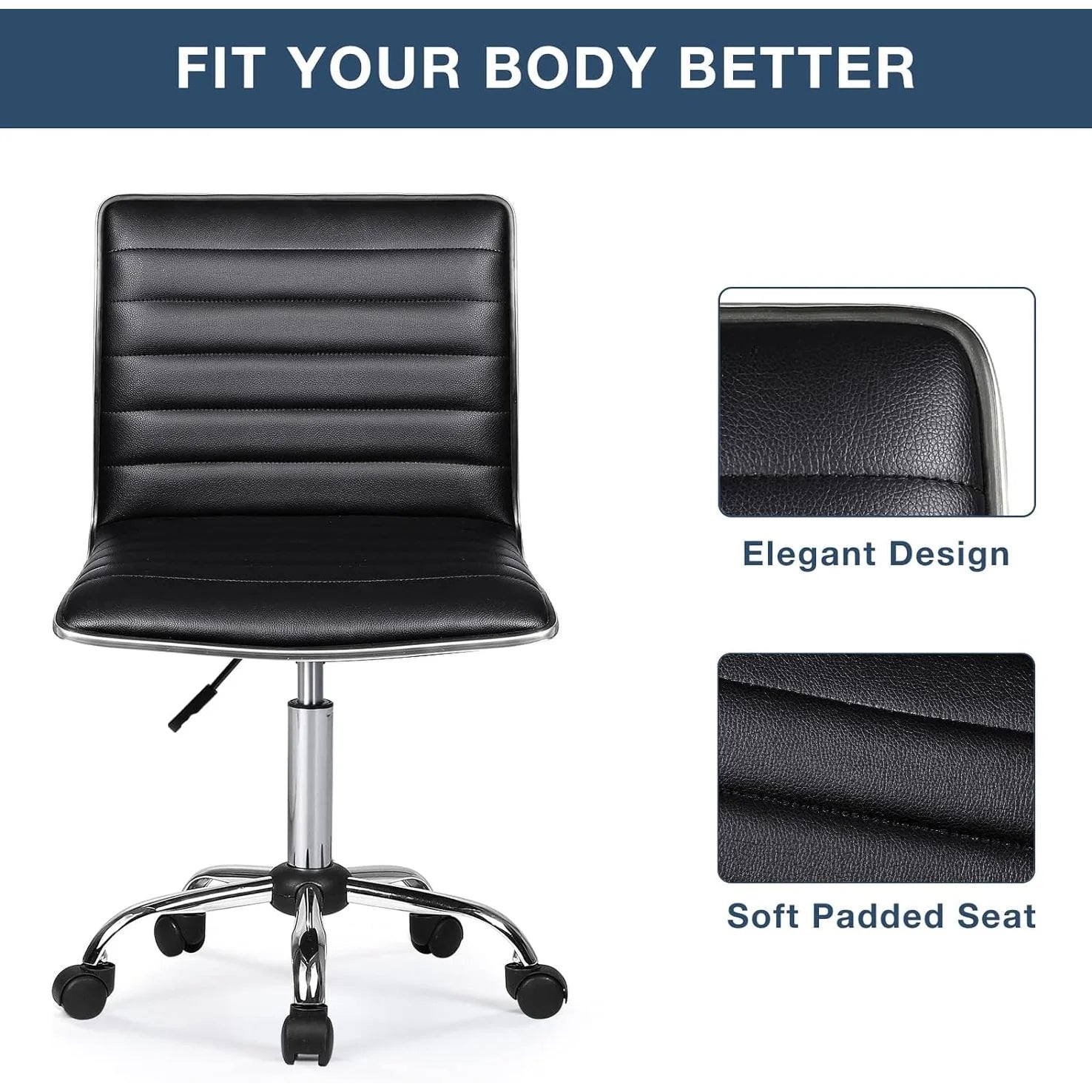 BOSSIN Adjustable Home Office Chair, Mid-Back Armless Ribbed Swivel Task Chair,Vanity Chair for Small Space, Livingroom Make-up