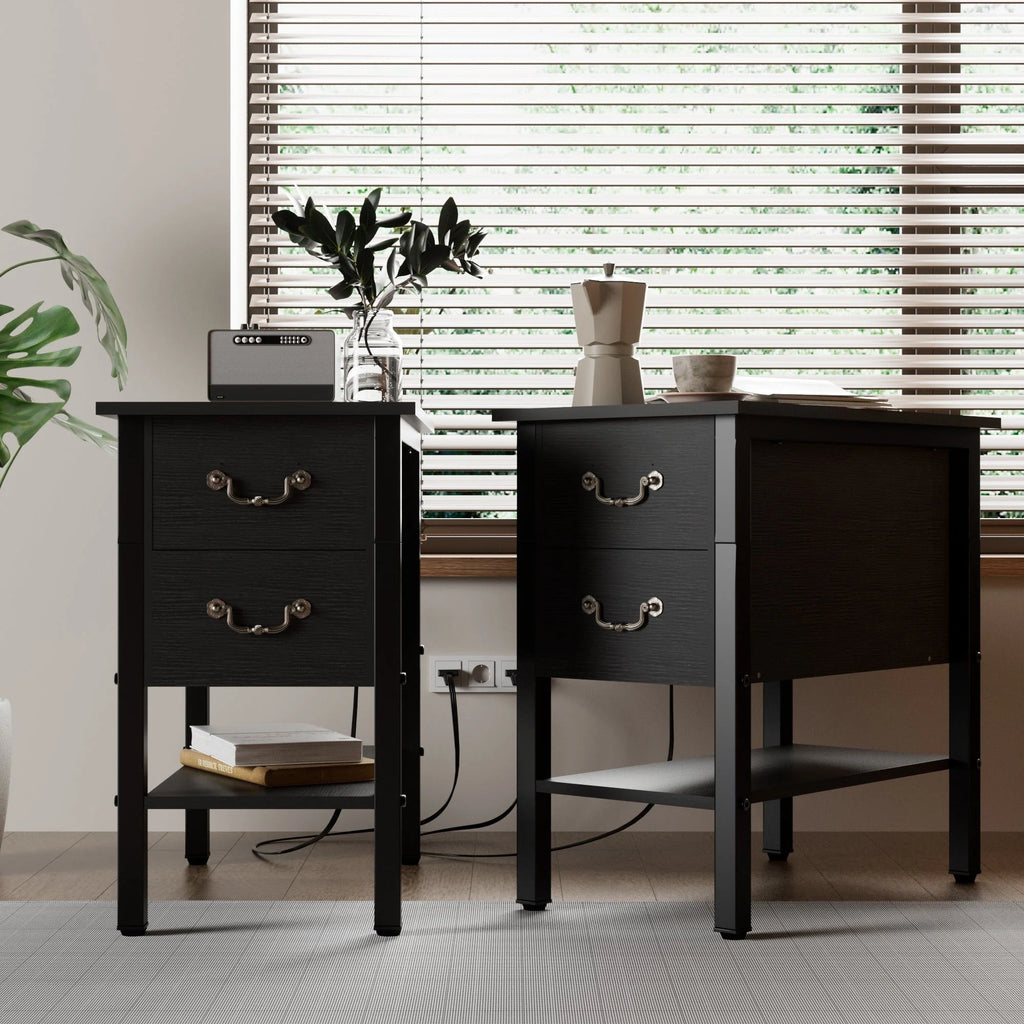 End Table with Charging Station, Narrow Chairside Table with Drawers & USB Ports & Power Outlets, Nightstand for Small Spaces