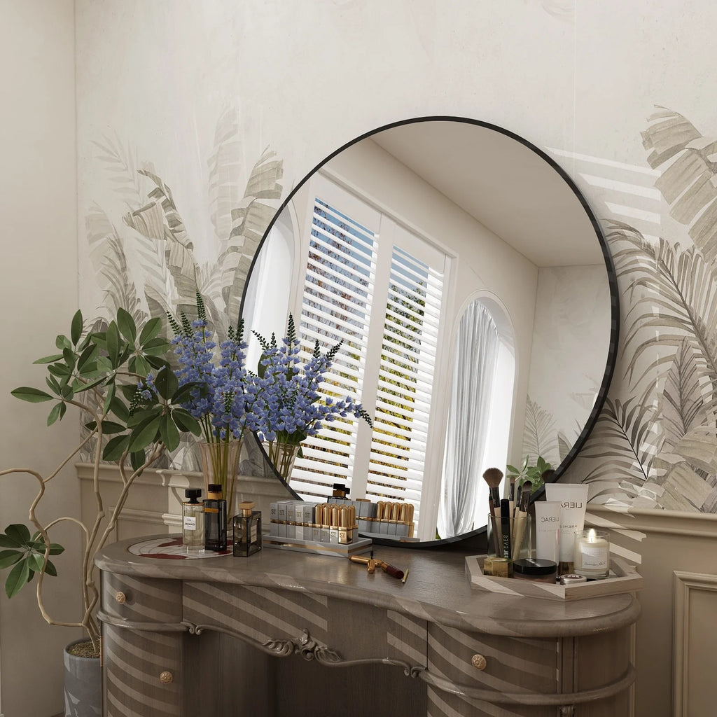 Apmir Round Metal Black Frame Bathroom Vanity Mirror Wall-mounted mirror