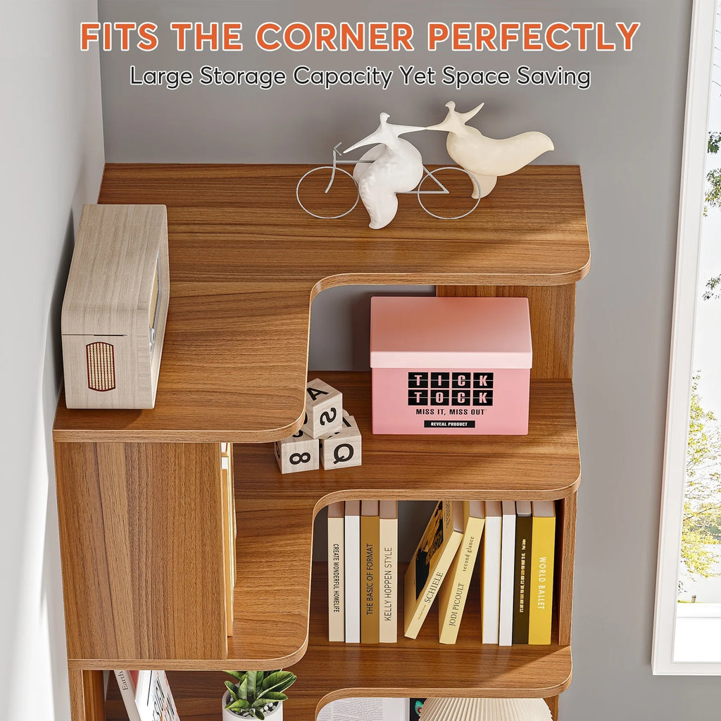 6-Tier Corner Book Shelf, 64.9Tall Freestanding Wood Industrial Bookcase Bookshelf