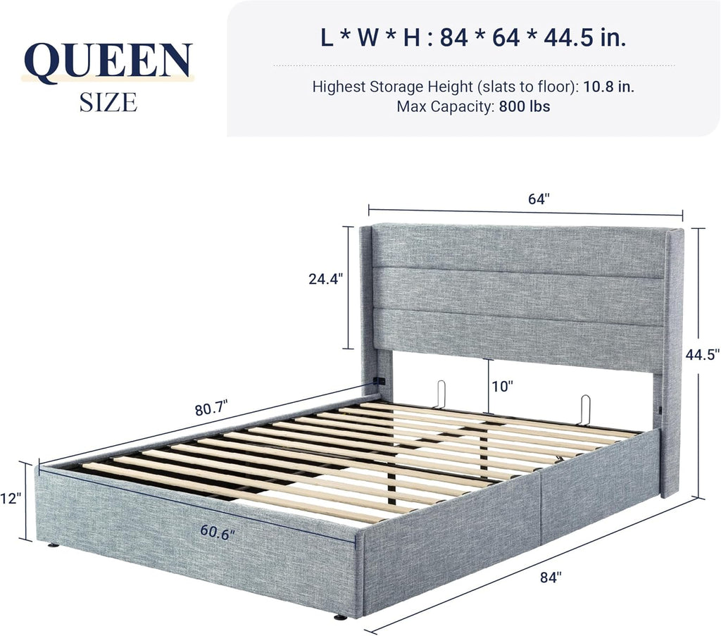 ALLEWIE Queen Size Lift Up Storage Bed with Wingback Headboard