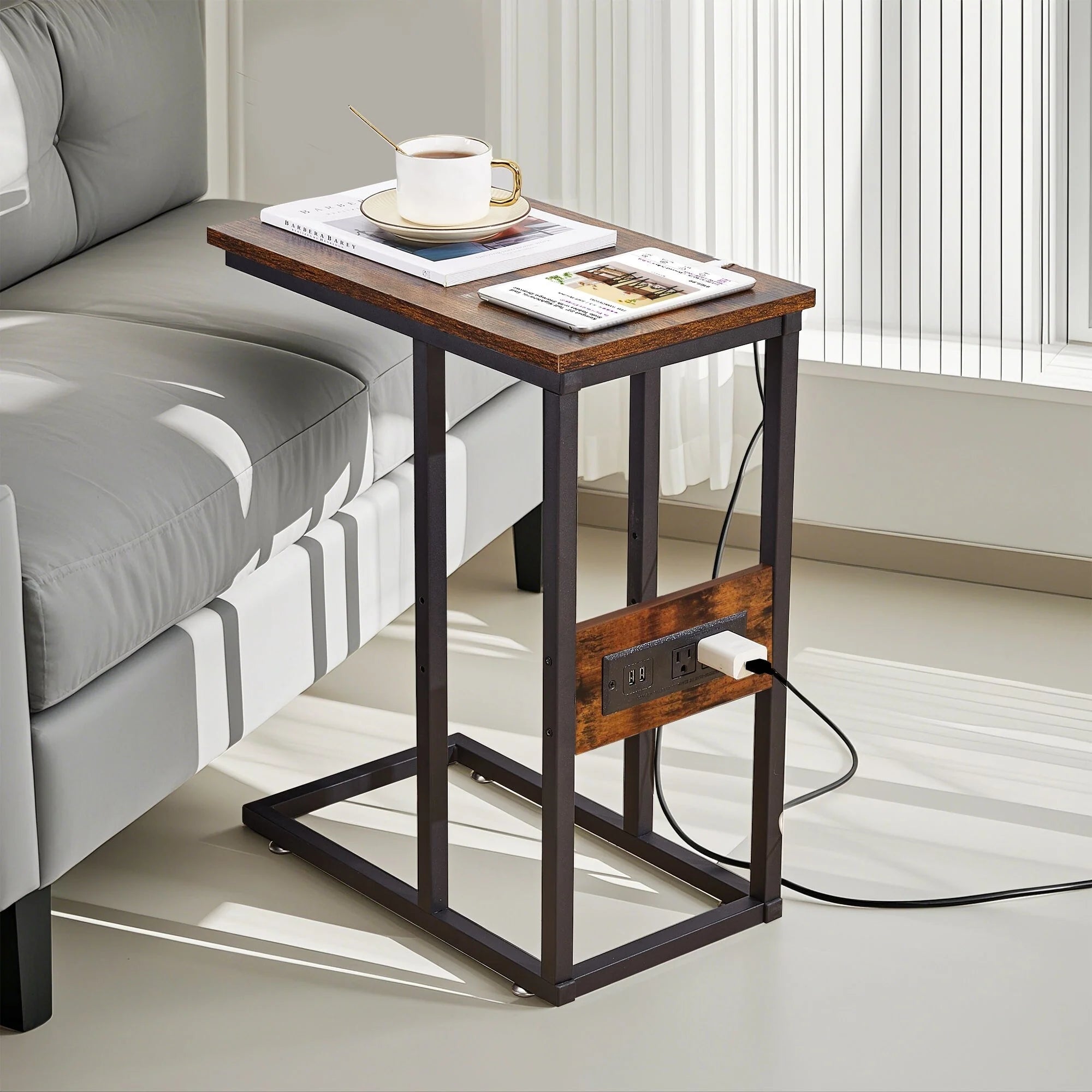 Javlergo Set of 2 C-Shaped Sofa Side Table, Small End Table for Living Room, Narrow Bedside/TV Tray Table