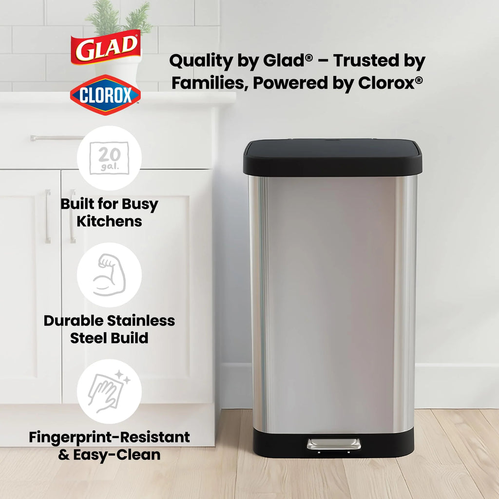 GLAD Stainless Steel 20 Gallon Step Trash Can with Odor Guard