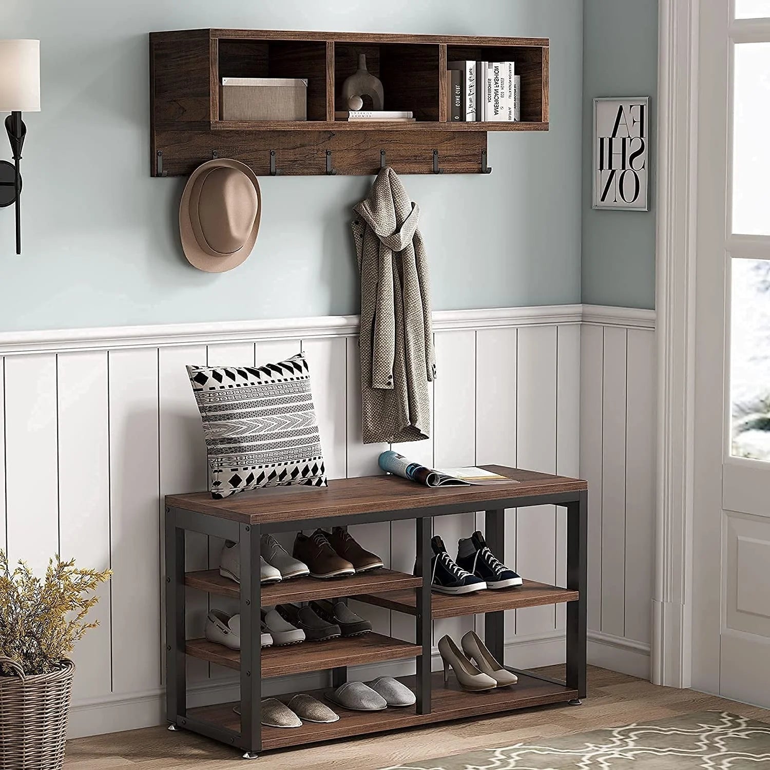 Entryway Coat Rack Shoe Bench Set, Industrial Hall Tree Coat Shoe Rack