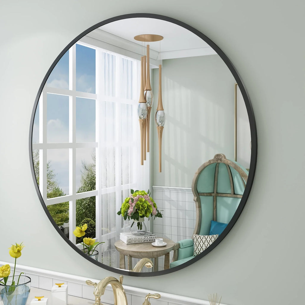 Apmir Round Metal Black Frame Bathroom Vanity Mirror Wall-mounted mirror