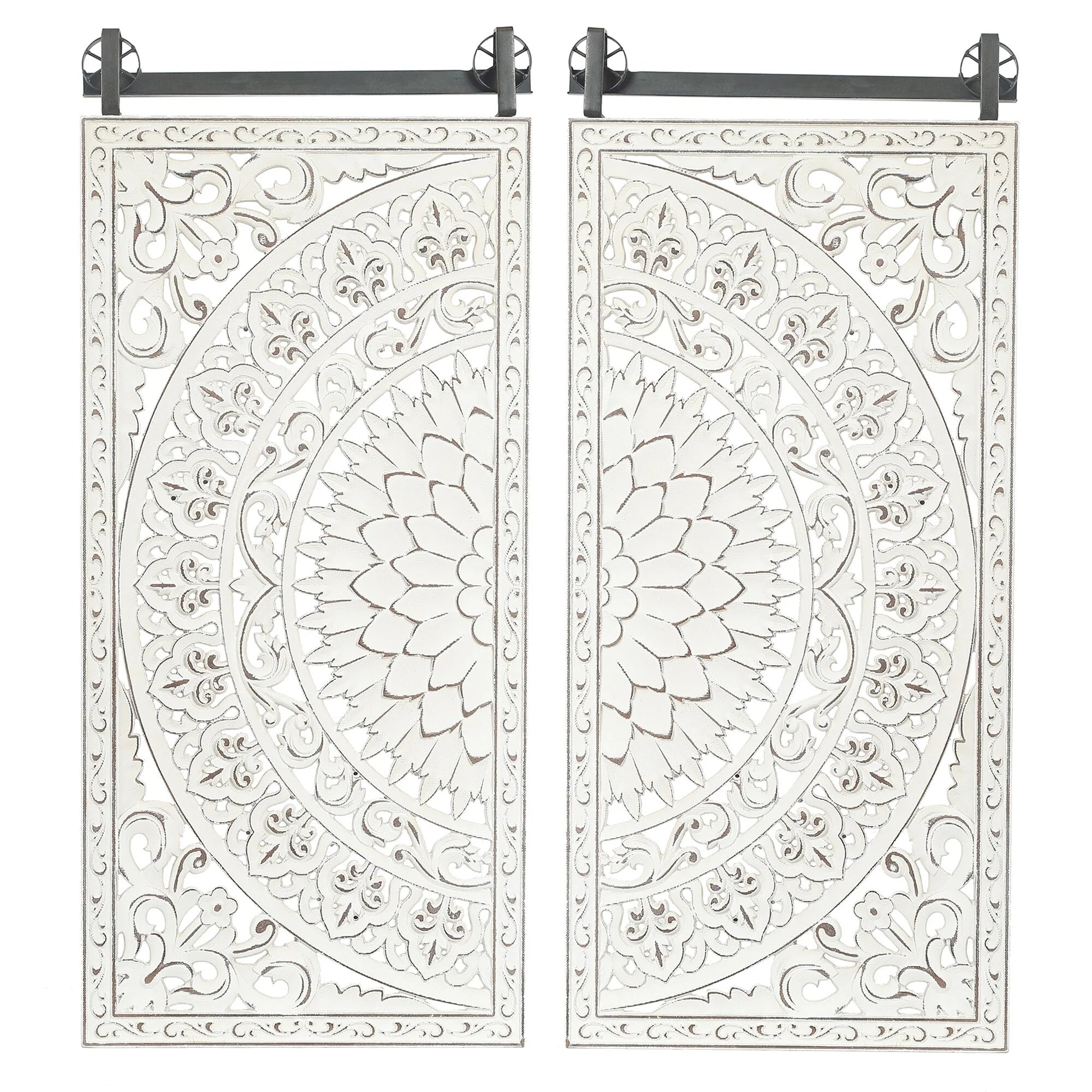 Distressed Ivory White Wood Flower Wall Art with Black Accents (Set of 2)