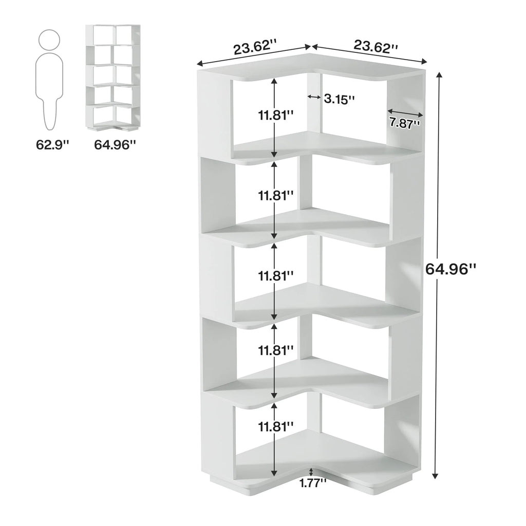 6-Tier Corner Book Shelf, 64.9Tall Freestanding Wood Industrial Bookcase Bookshelf