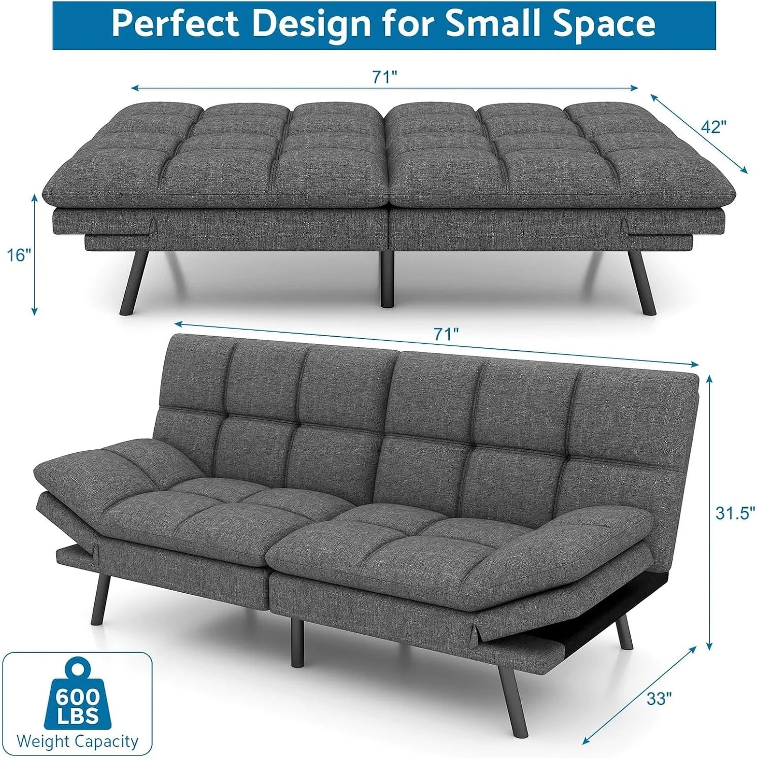 Futon Sofa Bed, Memory Foam Foldable Couch Convertible Loveseat Sleeper Daybed with Adjustable Armrests for Small Space