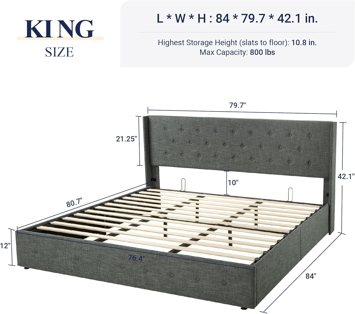 ALLEWIE Queen Size Lift Up Storage Bed with Wingback Headboard