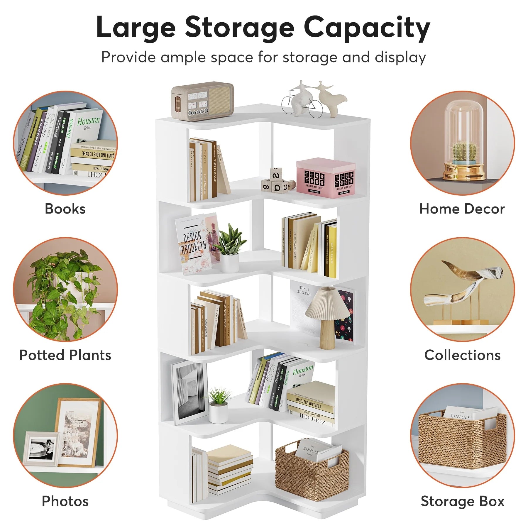 6-Tier Corner Book Shelf, 64.9Tall Freestanding Wood Industrial Bookcase Bookshelf