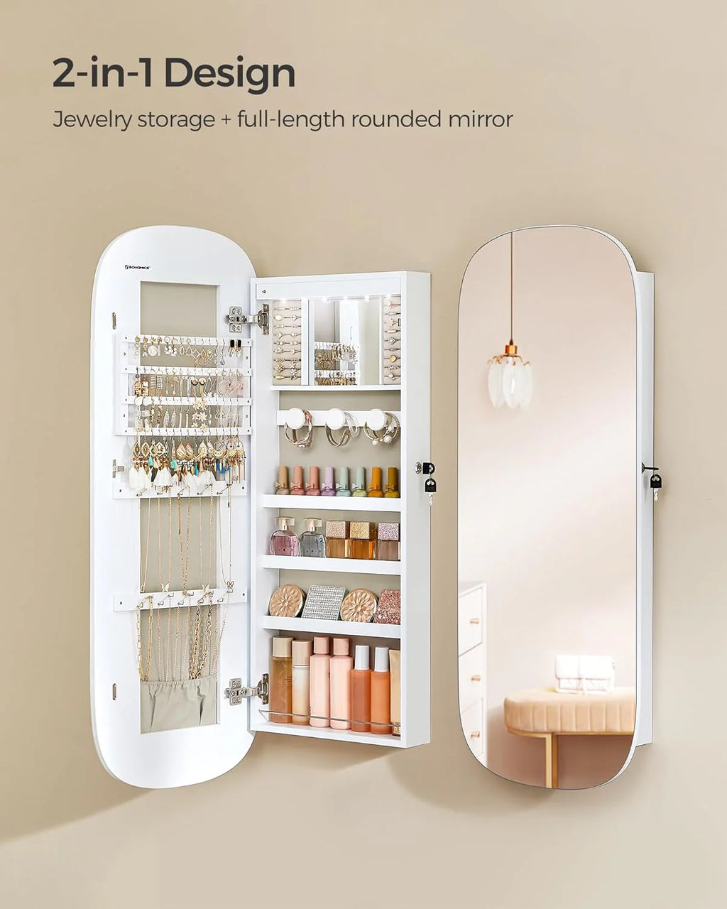 SONGMICS Jewelry Organizer, LED Jewelry Cabinet Wall/Door Mounted