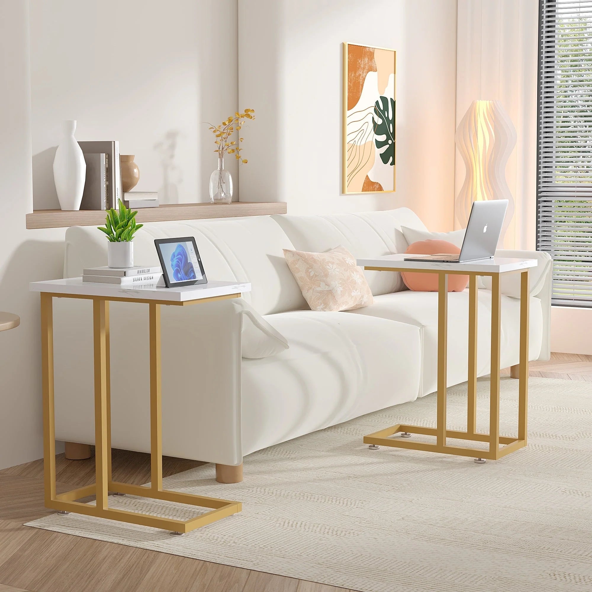 Javlergo Set of 2 C-Shaped Sofa Side Table, Small End Table for Living Room, Narrow Bedside/TV Tray Table