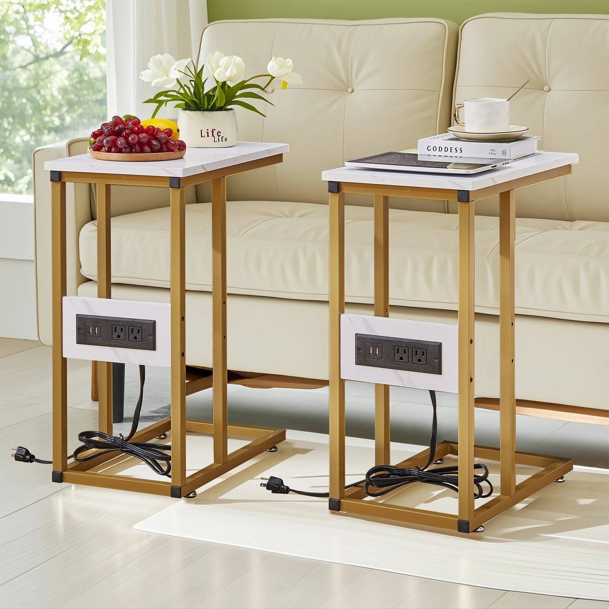 Javlergo Set of 2 C-Shaped Sofa Side Table, Small End Table for Living Room, Narrow Bedside/TV Tray Table