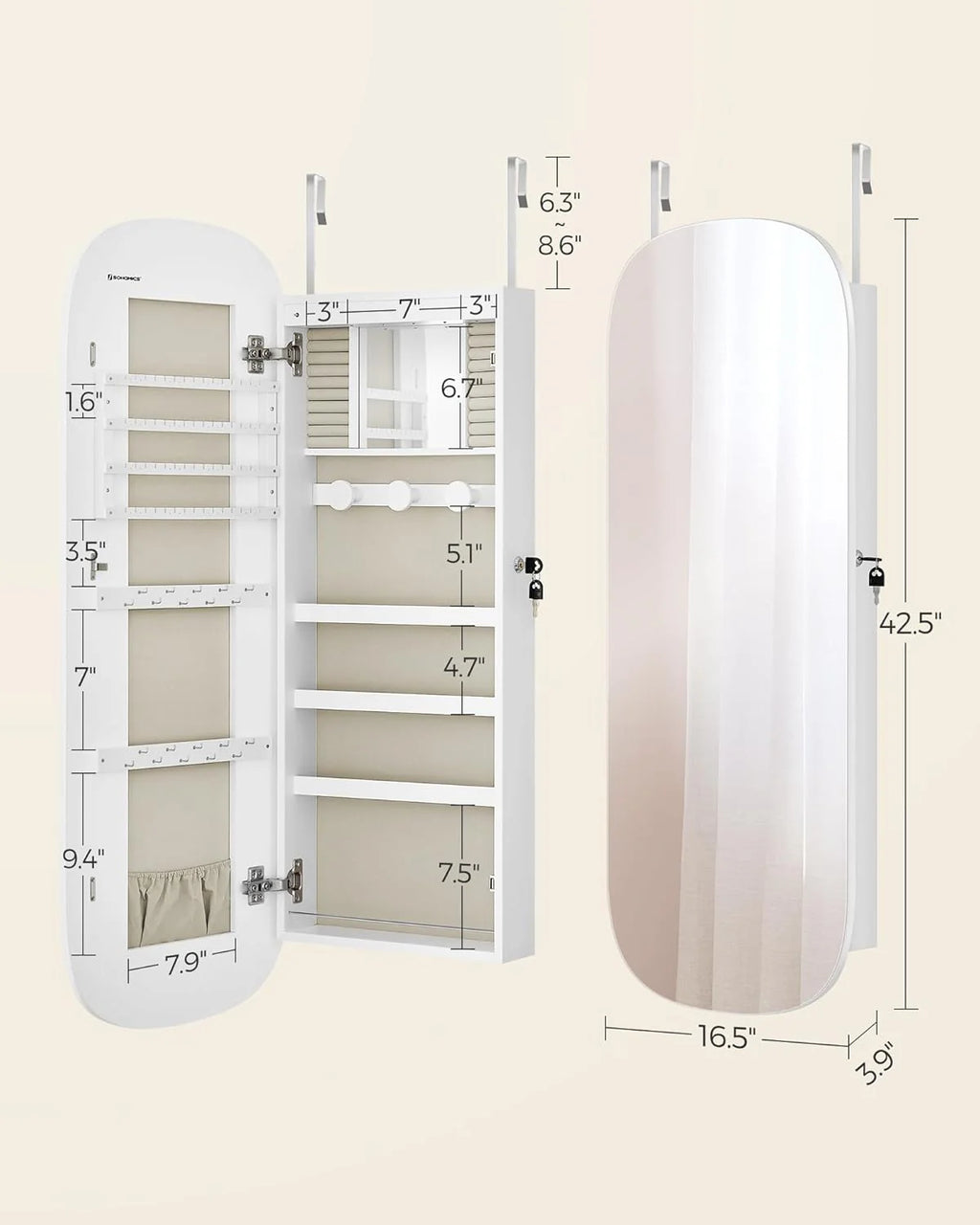 SONGMICS Jewelry Organizer, LED Jewelry Cabinet Wall/Door Mounted
