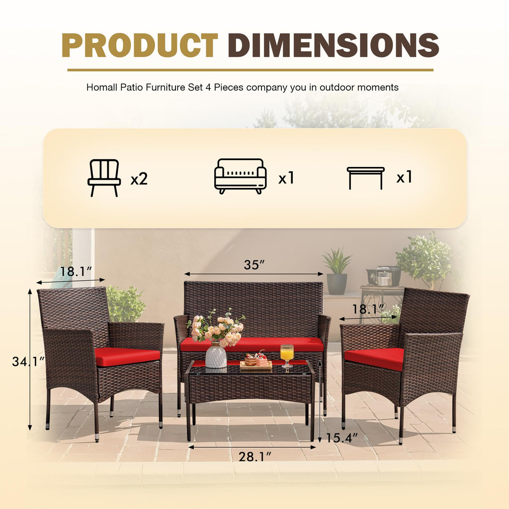 Homall 4 Pieces Outdoor Patio Furniture Sets Rattan Chair Wicker Set
