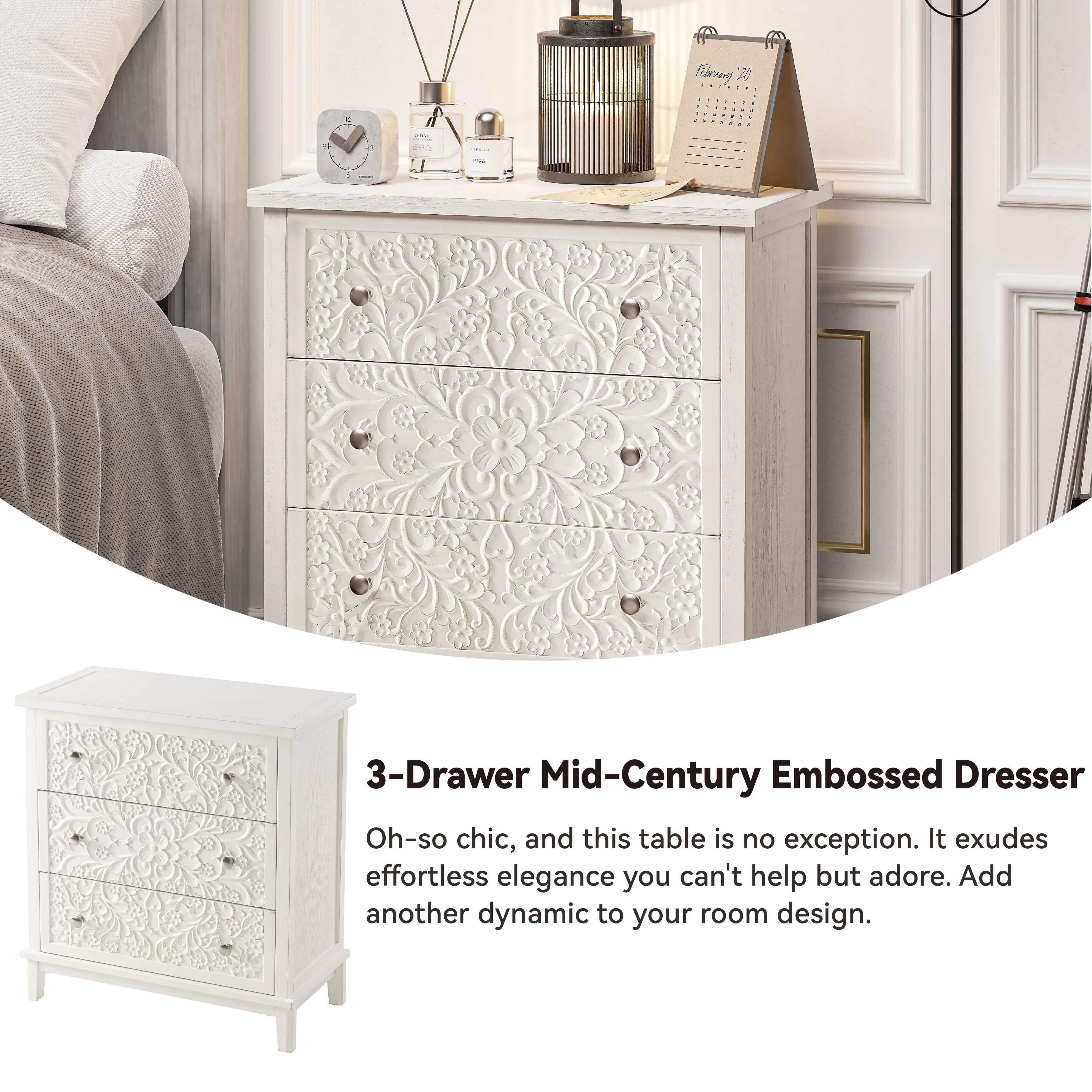 COZAYH Farmhouse Fully-Assembled Nightstand with 2-Drawer, Flower Motif End Table for Small Spaces, French Country