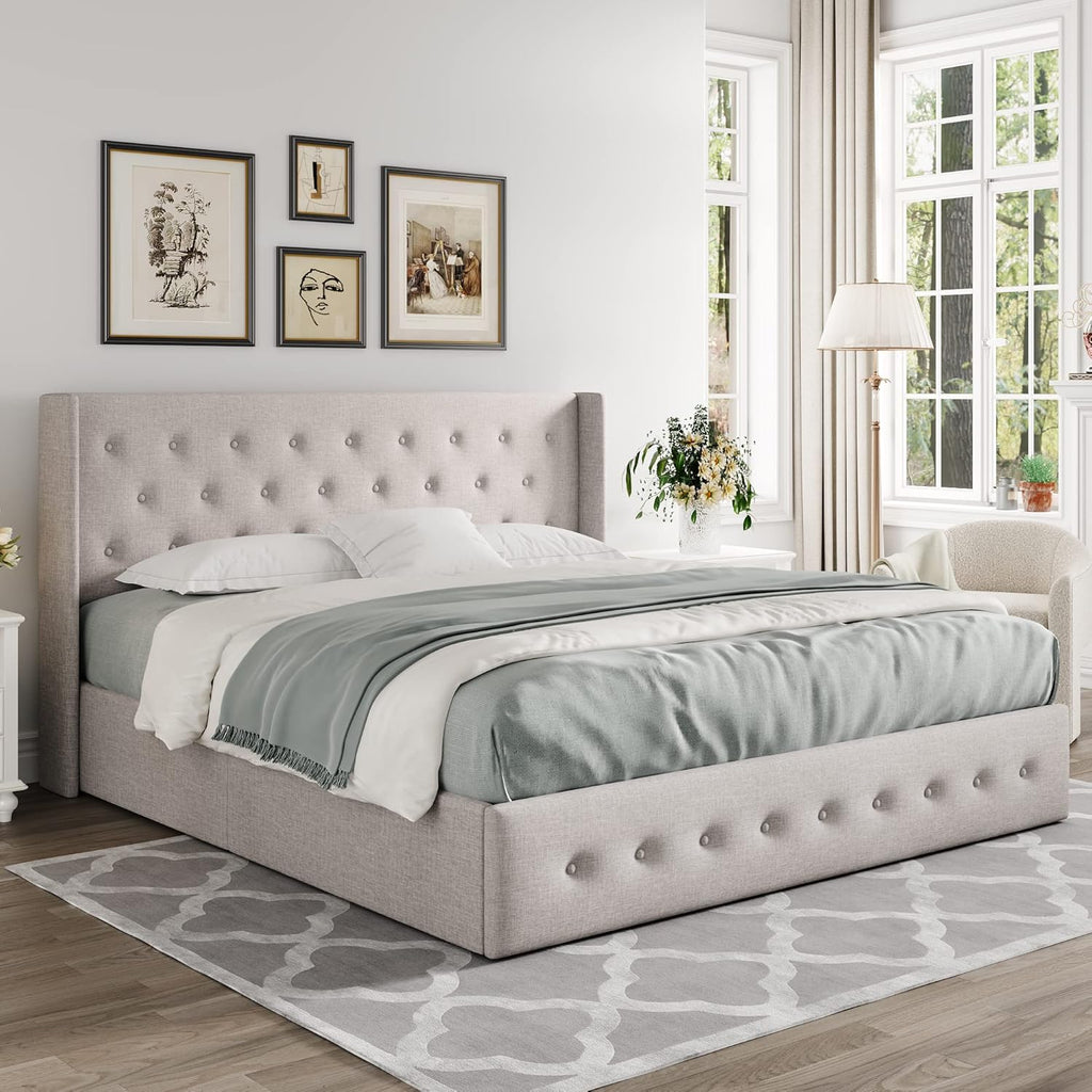 ALLEWIE Queen Size Lift Up Storage Bed with Wingback Headboard