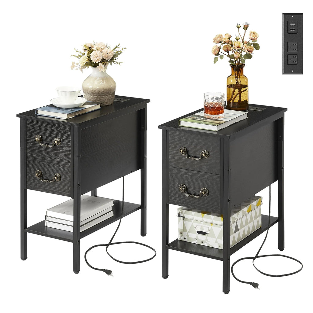 End Table with Charging Station, Narrow Chairside Table with Drawers & USB Ports & Power Outlets, Nightstand for Small Spaces
