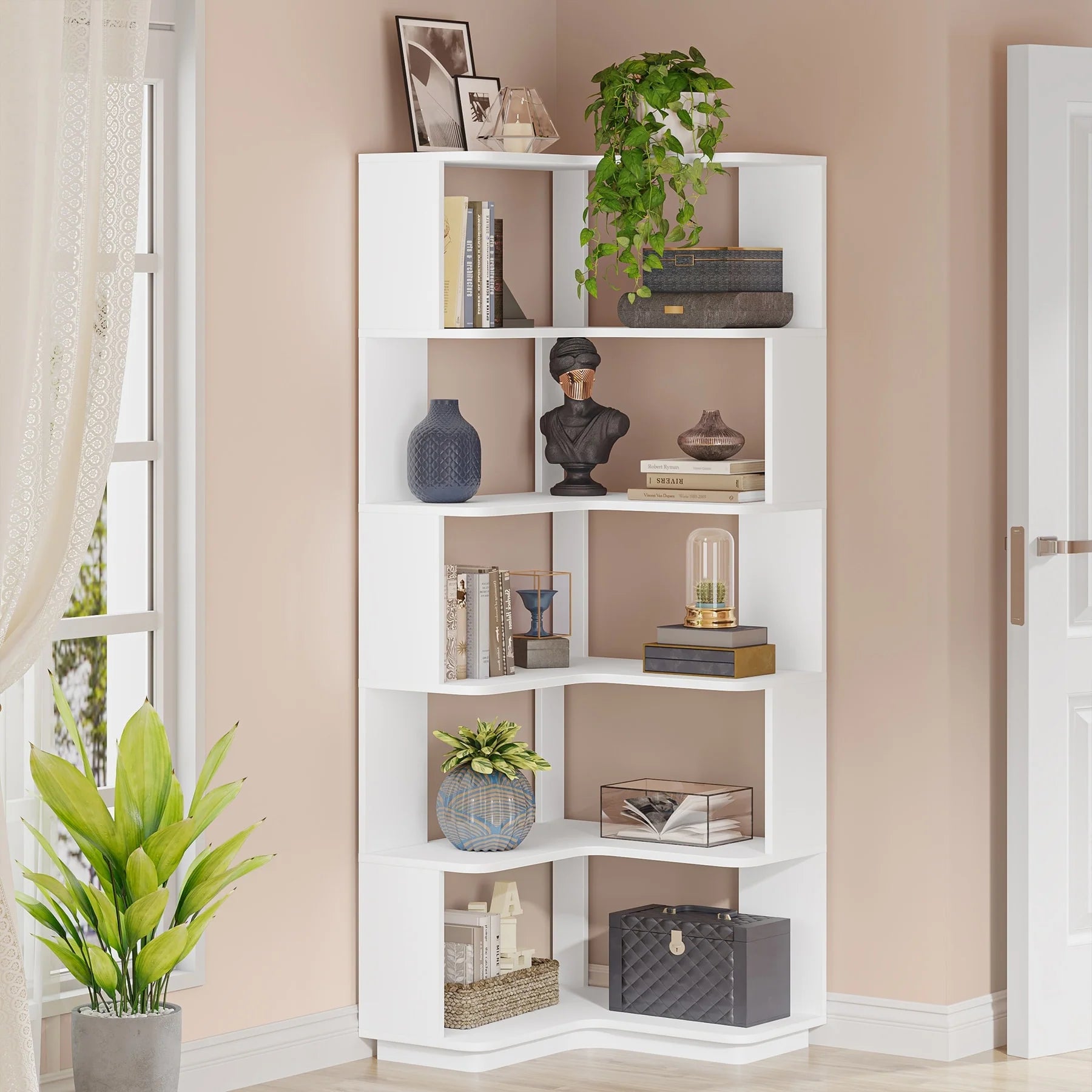 6-Tier Corner Book Shelf, 64.9Tall Freestanding Wood Industrial Bookcase Bookshelf