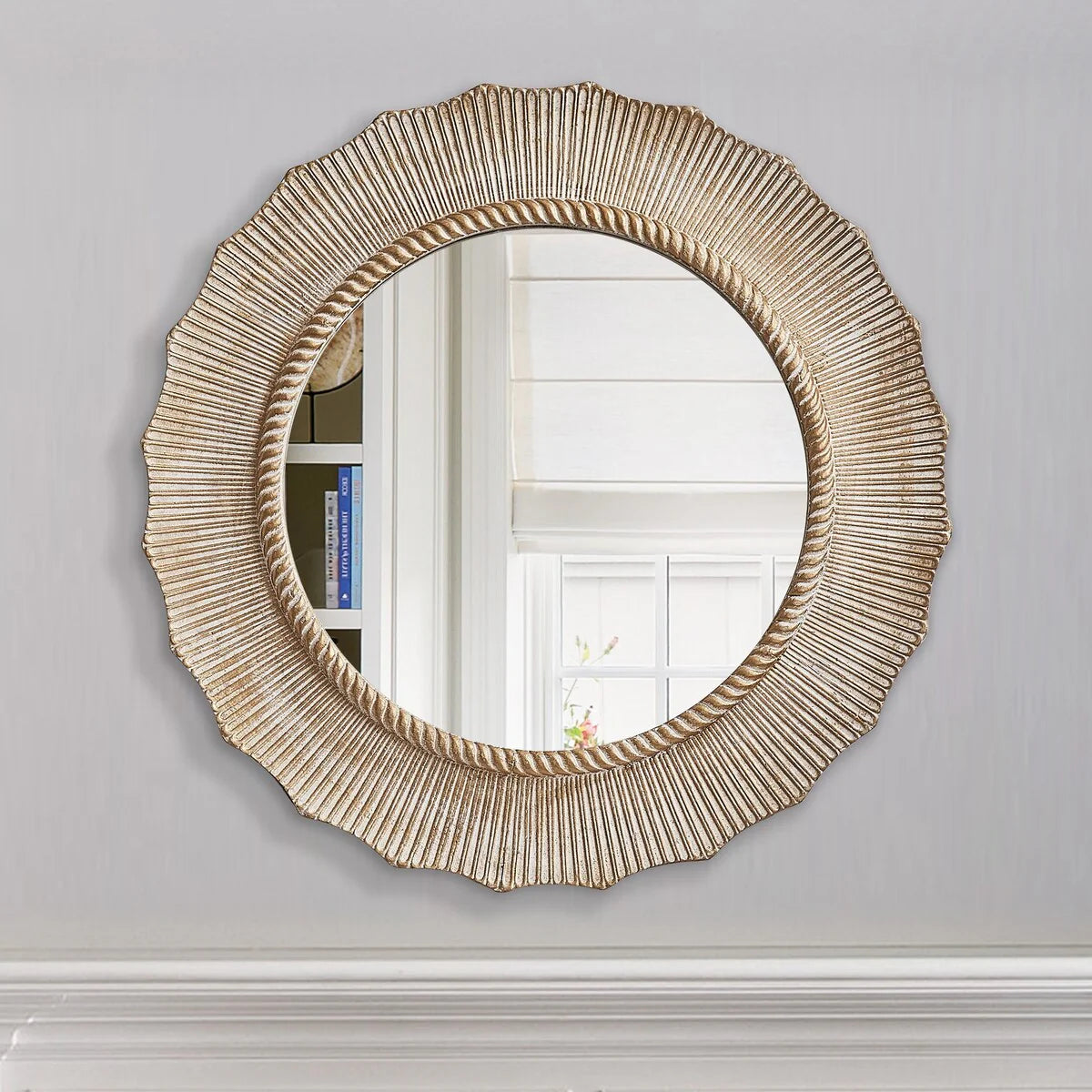 30-in Bohemian Beige Round Wooden Decorative Bathroom Vanity Wall Mirror