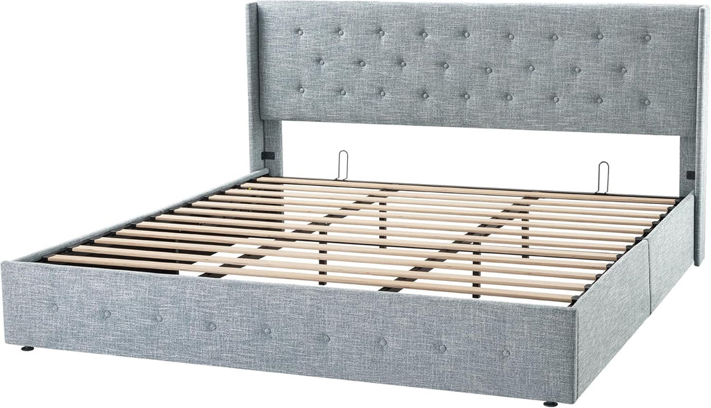 ALLEWIE Queen Size Lift Up Storage Bed with Wingback Headboard